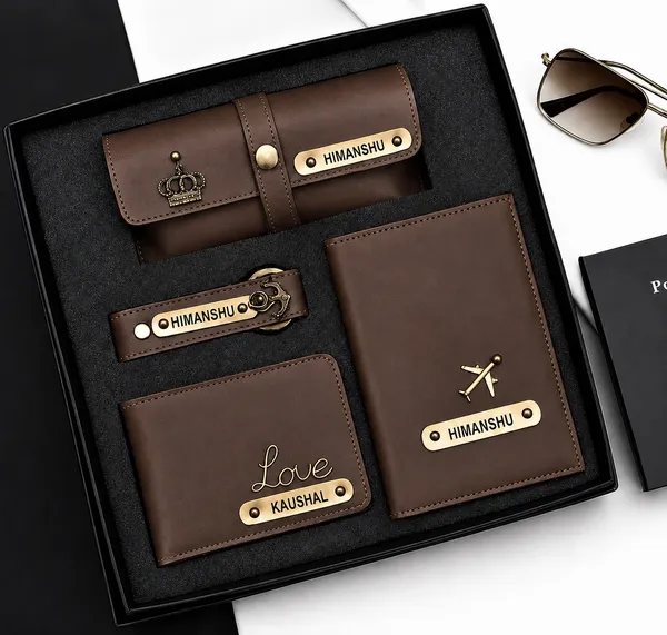 Brown_Faux_Leather_Personalized_Wallet_Keychain_Gift_Set_For_Men_Pack_Of_4