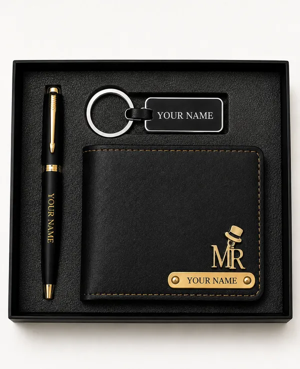 Black_Faux_Leather_Bifold_Wallet_Pen_Keychain_Gift_Set_For_Men_Pack_Of_3