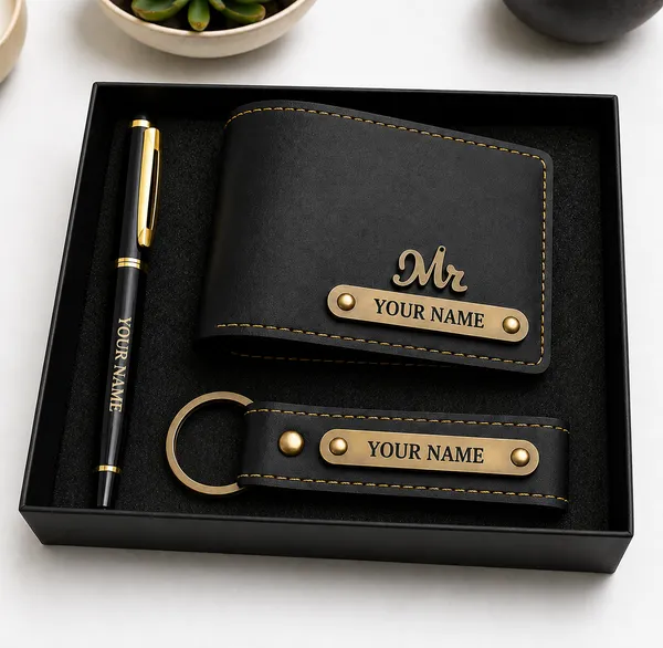 Black_Faux_Leather_Personalized_Wallet_Gift_Set_For_Men_Pack_Of_4