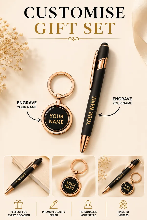 Black_Faux_Leather_Rose_Gold_Personalised_Pen_And_Keychain_Gift_Set_Pack_Of_2