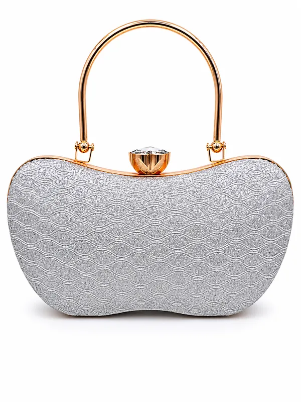 Silver_Faux_Leather_Embellished_Frame_Clutch_Handbag_For_Women