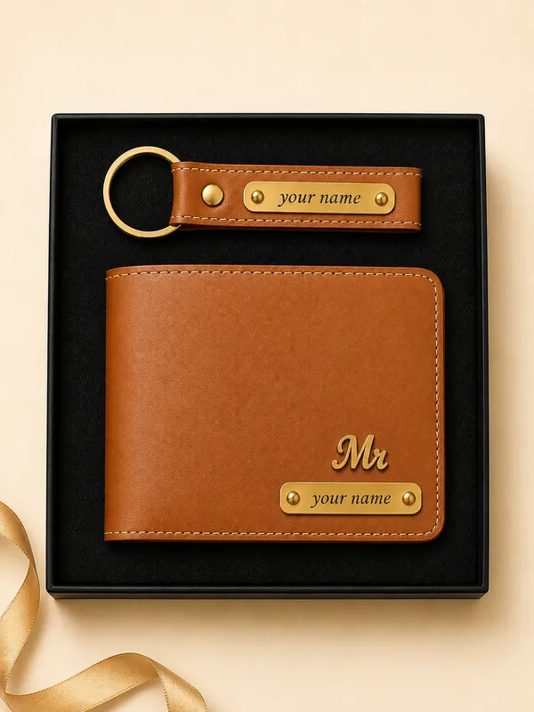 Brown_Faux_Leather_Personalized_Wallet_And_Keychain_Set_For_Men_Pack_Of_2