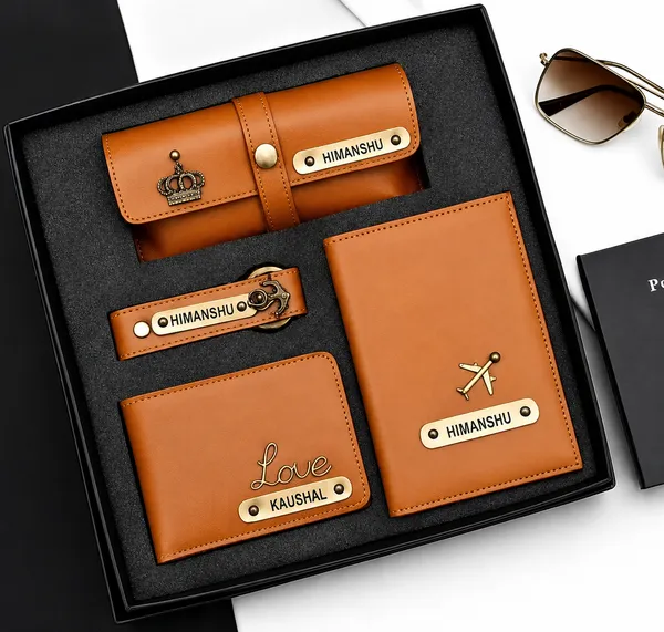 Brown_Faux_Leather_Personalized_Travel_Wallet_Gift_Set_For_Men_Pack_Of_4