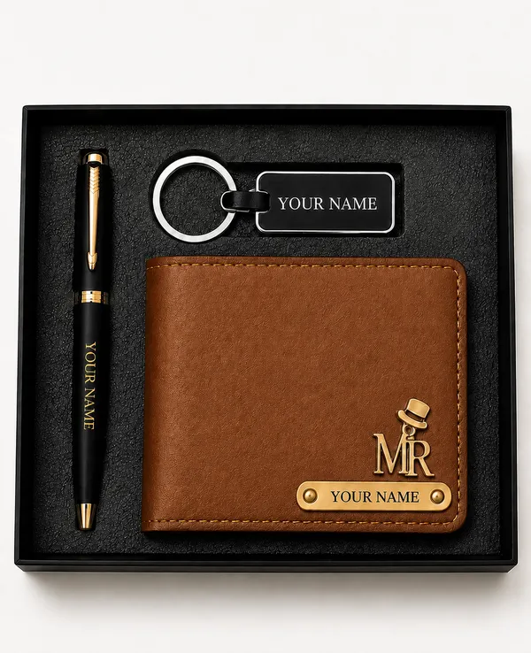 Brown_Faux_Leather_Bi-Fold_Wallet_Pen_Keychain_Gift_Set_For_Men_Pack_Of_3