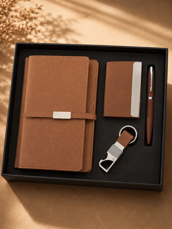 Brown_Faux_Leather_Notebook_Pen_And_Bottle_Opener_Keychain_Gift_Set_Pack_Of_3