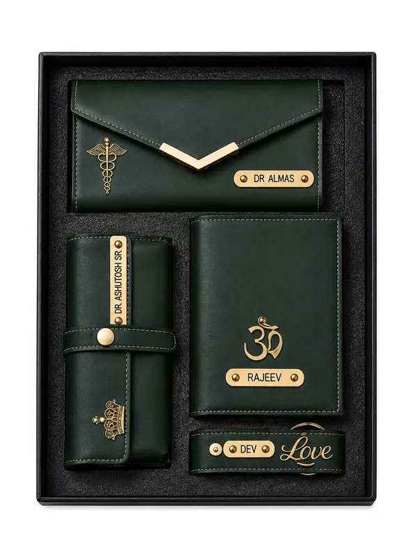 Green_Faux_Leather_Personalized_Wallet_Accessories_Gift_Set_For_Men_Pack_Of_4