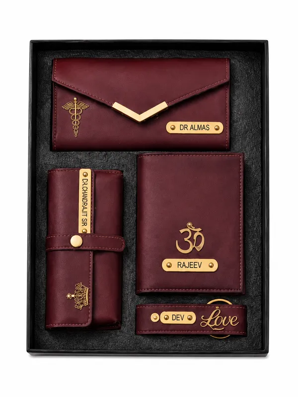 Maroon_Faux_Leather_Personalized_Doctor_Wallet_And_Keychain_Gift_Set_For_Men_Pack_Of_4