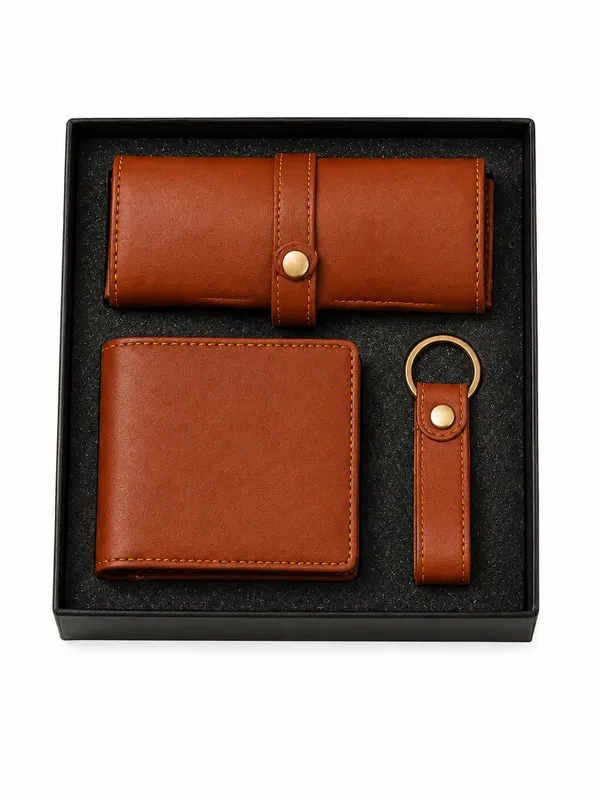 Brown_Faux_Leather_Wallet_Keychain_Gift_Set_For_Men_Pack_Of_3