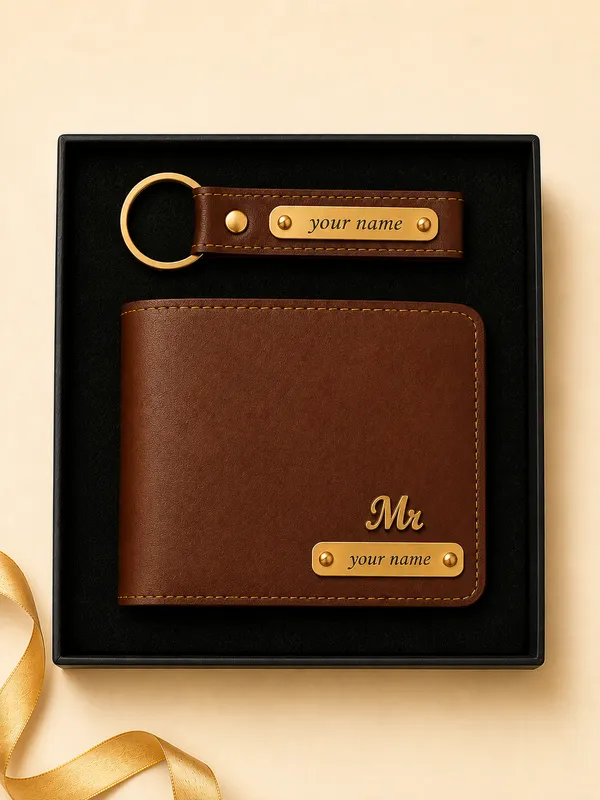 Brown_Faux_Leather_Personalized_Wallet_And_Keychain_Set_For_Men_Pack_Of_2