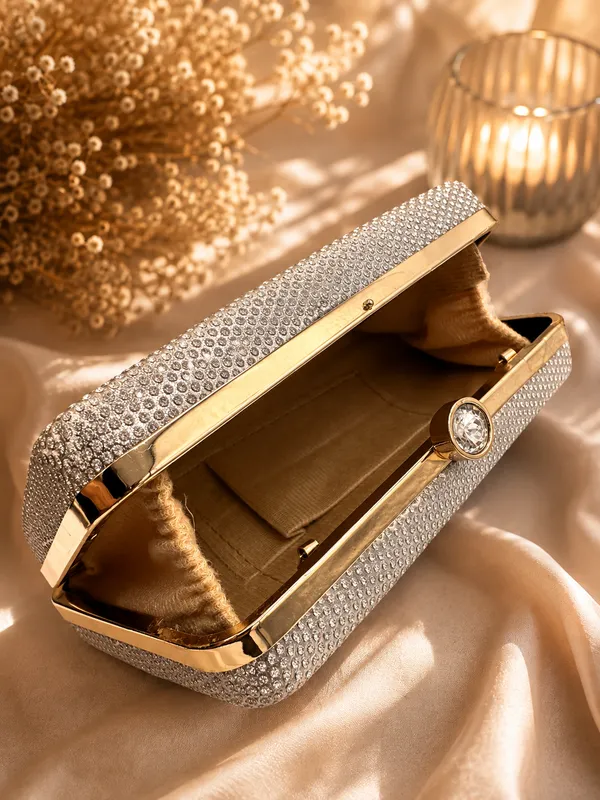 Silver_Faux_Leather_Embellished_Box_Clutch_For_Women