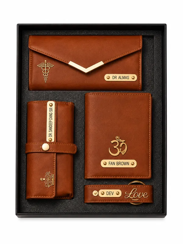 Brown_Faux_Leather_Personalized_Wallet_And_Keychain_Gift_Set_For_Men_Pack_Of_4
