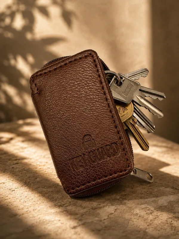 Brown_Faux_Leather_Textured_Zipper_Key_Pouch_For_Men