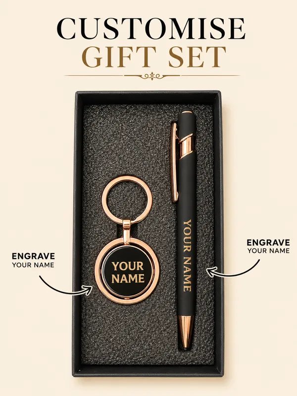 Black_Faux_Leather_Rose_Gold_Personalised_Pen_And_Keychain_Gift_Set_Pack_Of_2