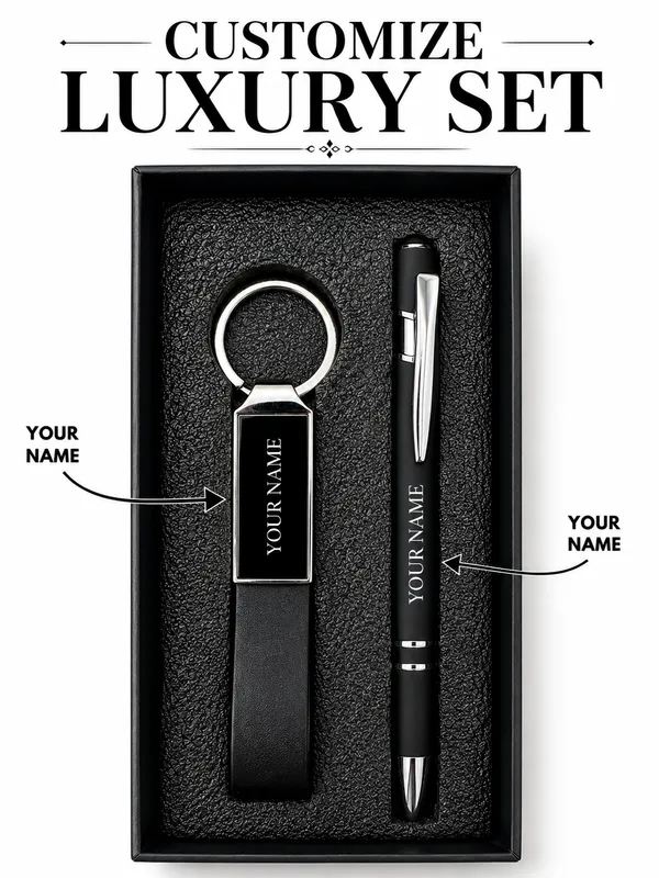 Black_Faux_Leather_Personalised_Pen_And_Keychain_Gift_Set_Pack_Of_2