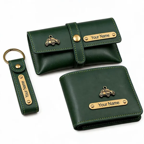 Green_Faux_Leather_Personalized_Wallet_And_Keychain_Gift_Set_For_Men_Pack_Of_3