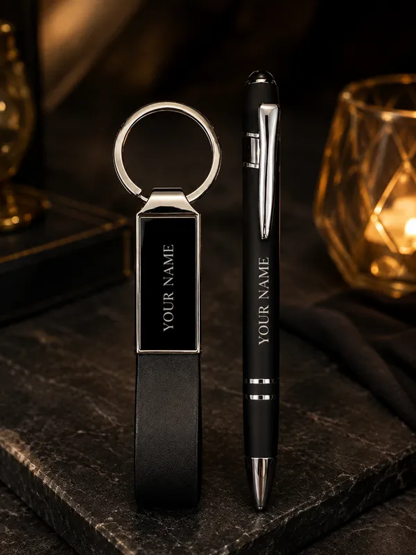 Black_Faux_Leather_Personalised_Pen_And_Keychain_Gift_Set_Pack_Of_2