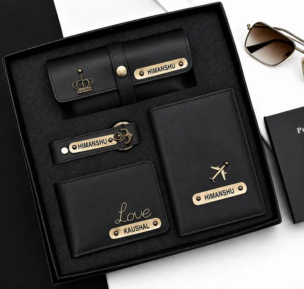 Black_Faux_Leather_Personalized_Wallet_Keychain_Gift_Set_For_Men_Pack_Of_4