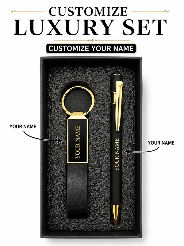 Black_Faux_Leather_Personalised_Pen_And_Keychain_Gift_Set_Pack_Of_2