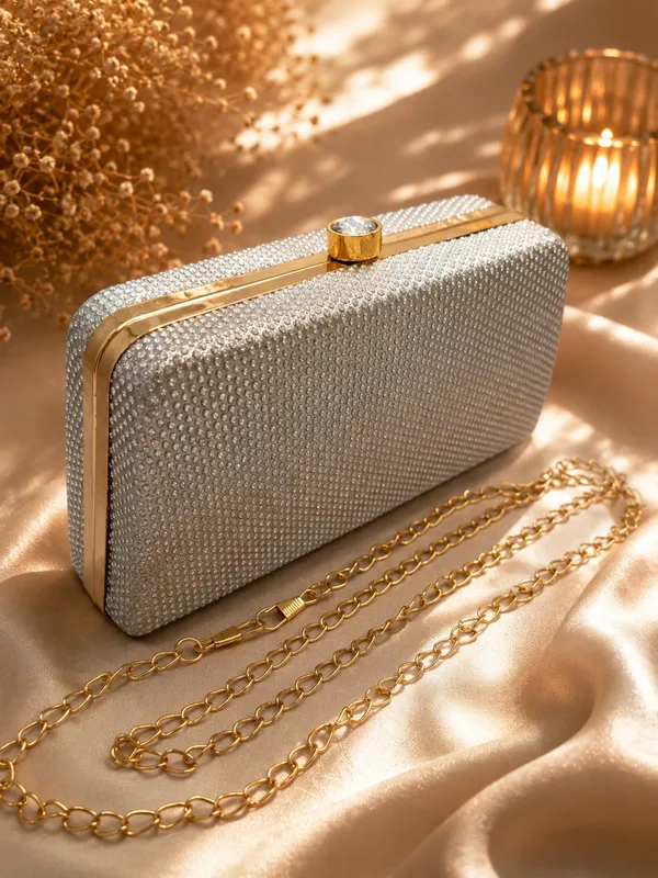 Silver_Faux_Leather_Embellished_Box_Clutch_For_Women