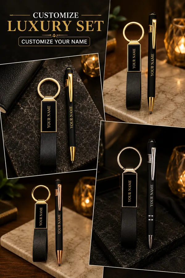 Black_Faux_Leather_Personalised_Pen_And_Keychain_Gift_Set_Pack_Of_2
