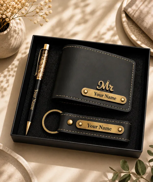 Black_Faux_Leather_Personalized_Wallet_Pen_And_Keychain_Gift_Set_For_Men_Pack_Of_3