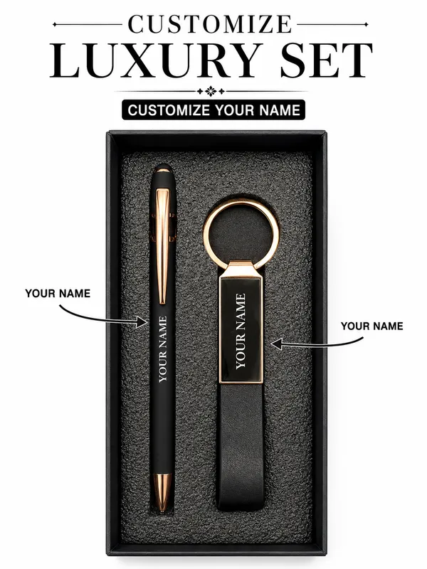 Black_Faux_Leather_Personalised_Pen_And_Keychain_Gift_Set_Pack_Of_2