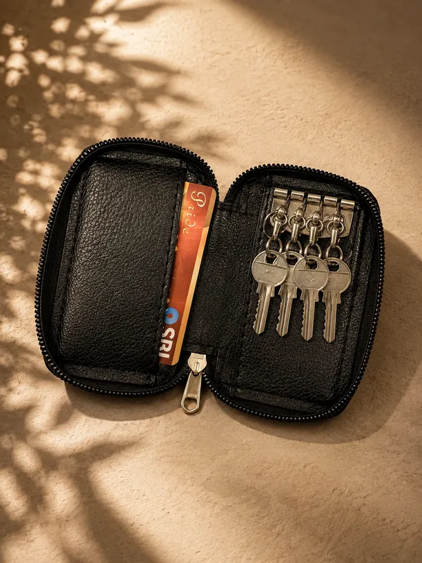 Black_Faux_Leather_Textured_Zipper_Key_Pouch_For_Men