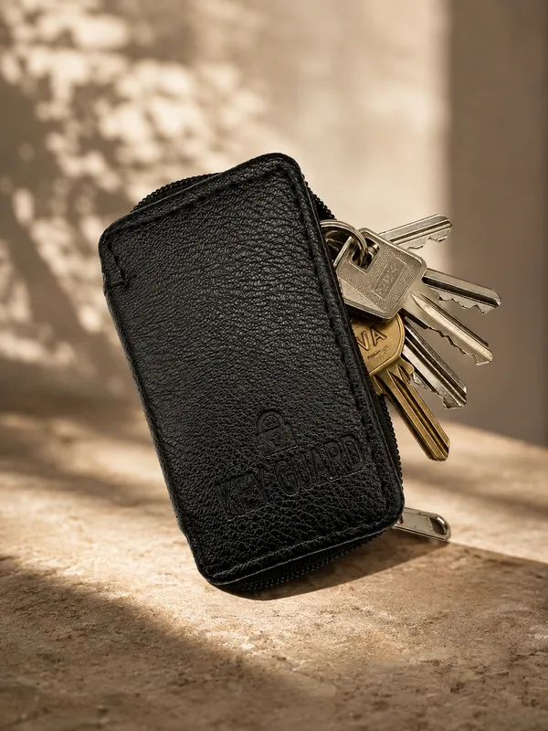 Black_Faux_Leather_Textured_Zipper_Key_Pouch_For_Men