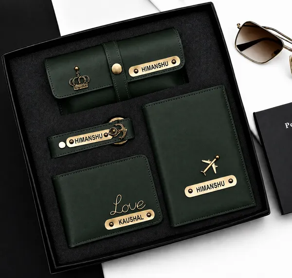 Green_Faux_Leather_Personalized_Wallet_Keychain_Gift_Set_For_Men_Pack_Of_4