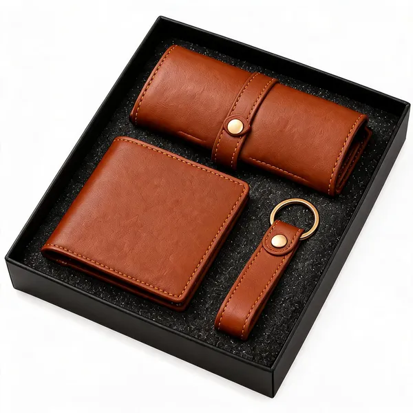 Brown_Faux_Leather_Wallet_Keychain_Gift_Set_For_Men_Pack_Of_3