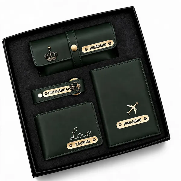 Green_Faux_Leather_Personalized_Wallet_Keychain_Gift_Set_For_Men_Pack_Of_4