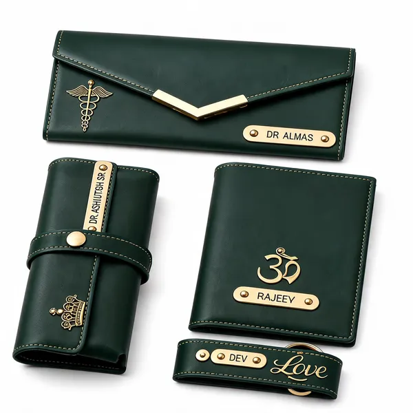 Green_Faux_Leather_Personalized_Wallet_Accessories_Gift_Set_For_Men_Pack_Of_4
