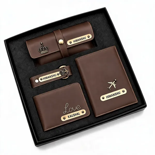Brown_Faux_Leather_Personalized_Wallet_Keychain_Gift_Set_For_Men_Pack_Of_4