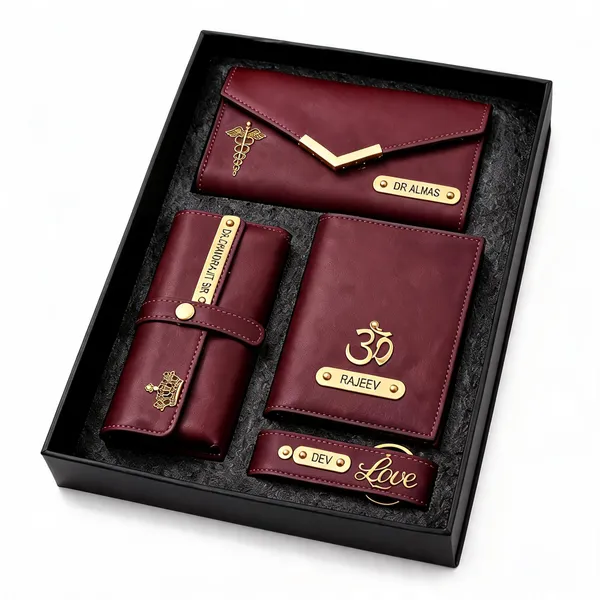 Maroon_Faux_Leather_Personalized_Doctor_Wallet_And_Keychain_Gift_Set_For_Men_Pack_Of_4