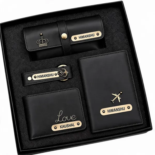 Black_Faux_Leather_Personalized_Wallet_Keychain_Gift_Set_For_Men_Pack_Of_4