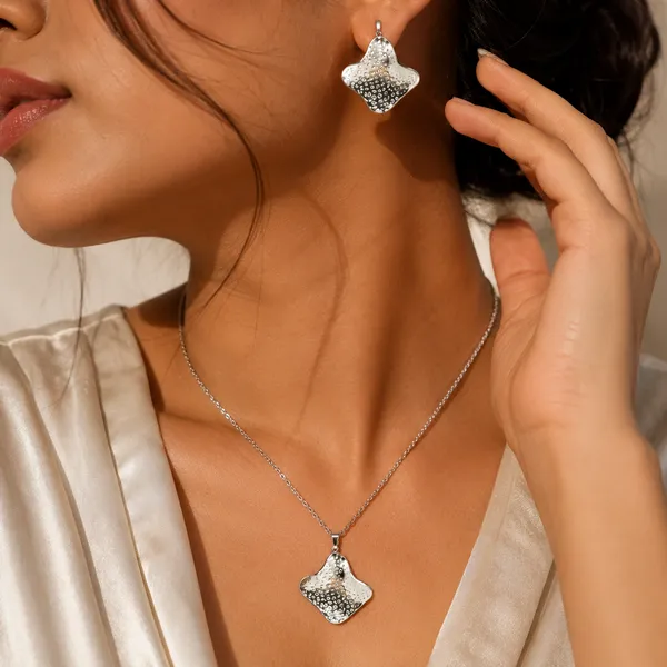 Silver_Stainless_Steel_Molten_Necklace_Earring_Set_For_Women