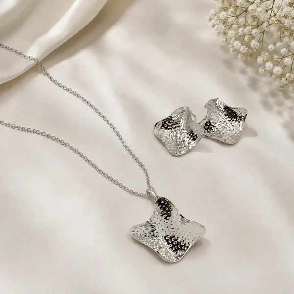 Silver_Stainless_Steel_Molten_Necklace_Earring_Set_For_Women