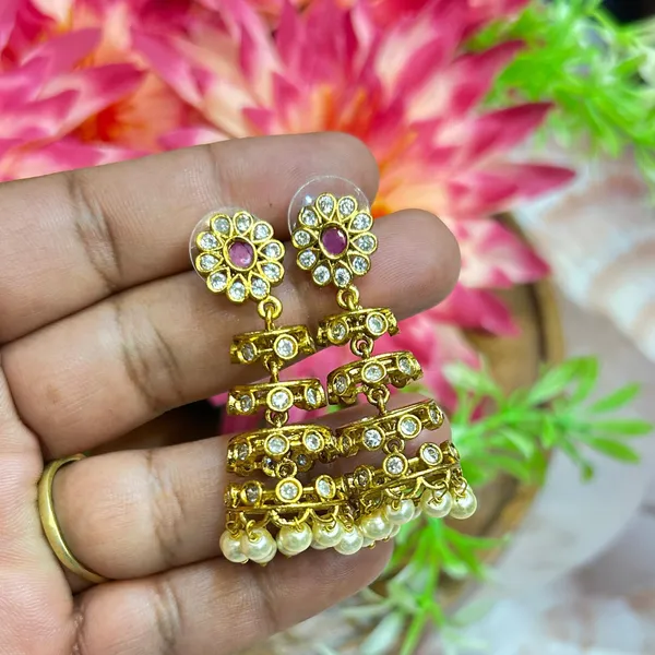 Gold_Alloy_Ruby_Pink_Stone_Floral_Jhumka_Earrings_For_Women