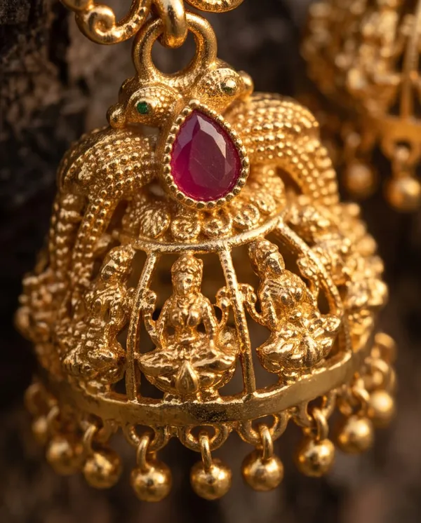Gold_Alloy_Pink_Green_Stone_Peacock_Jhumka_Earrings_For_Women