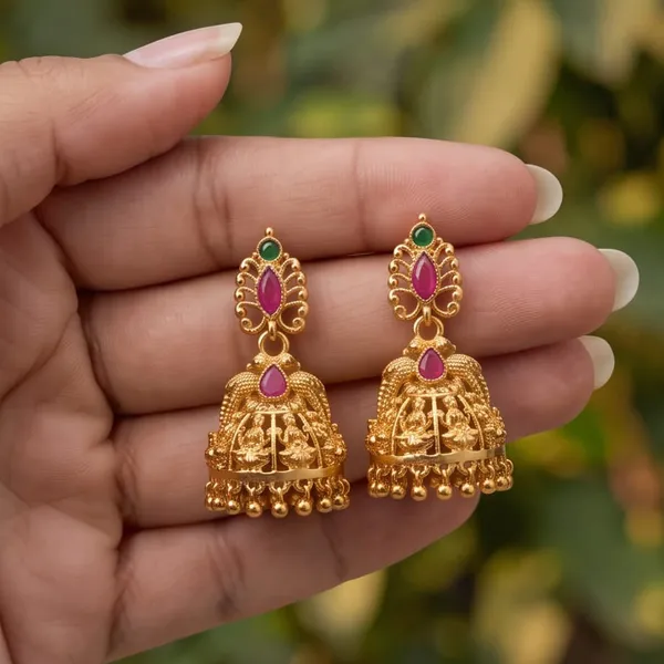 Gold_Alloy_Pink_Green_Stone_Peacock_Jhumka_Earrings_For_Women