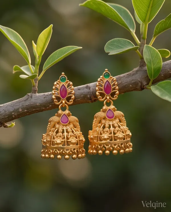 Gold_Alloy_Pink_Green_Stone_Peacock_Jhumka_Earrings_For_Women