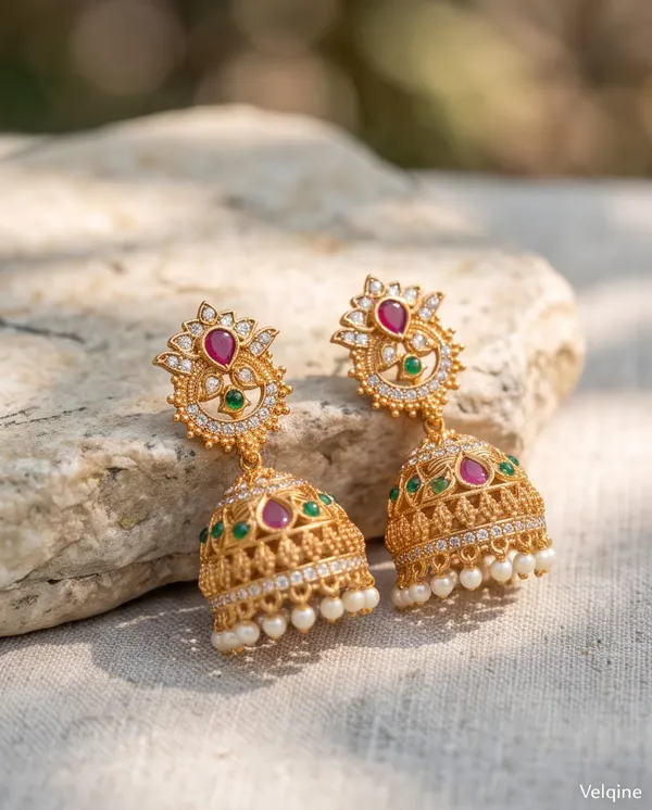 Gold_Alloy_Pink_Green_Stone_Floral_Jhumka_Earrings_For_Women
