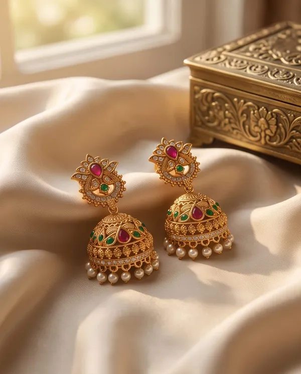 Gold_Alloy_Pink_Green_Stone_Floral_Jhumka_Earrings_For_Women
