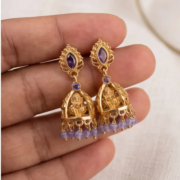 Gold_Alloy_Ganesha_Motif_Lavender_Bead_Jhumka_Earrings_For_Women