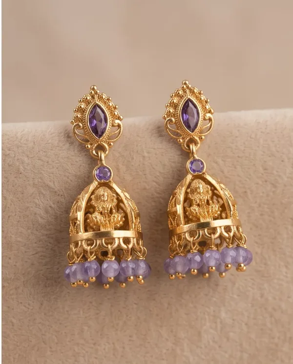 Gold_Alloy_Ganesha_Motif_Lavender_Bead_Jhumka_Earrings_For_Women