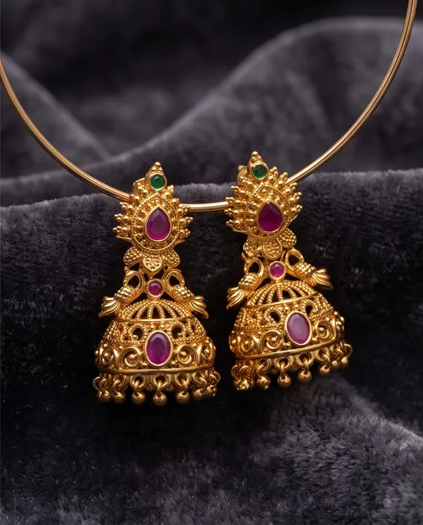 Gold_Alloy_Designer_Pink_Green_Stone_Jhumka_Earrings_For_Women