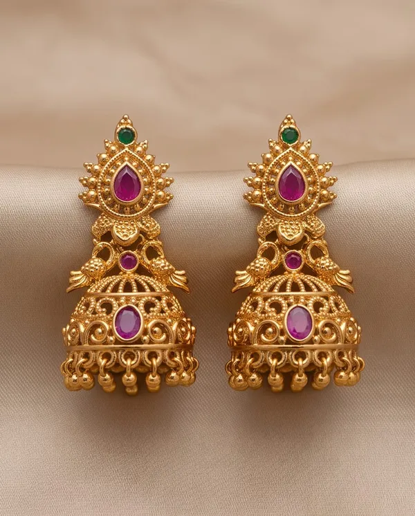 Gold_Alloy_Designer_Pink_Green_Stone_Jhumka_Earrings_For_Women