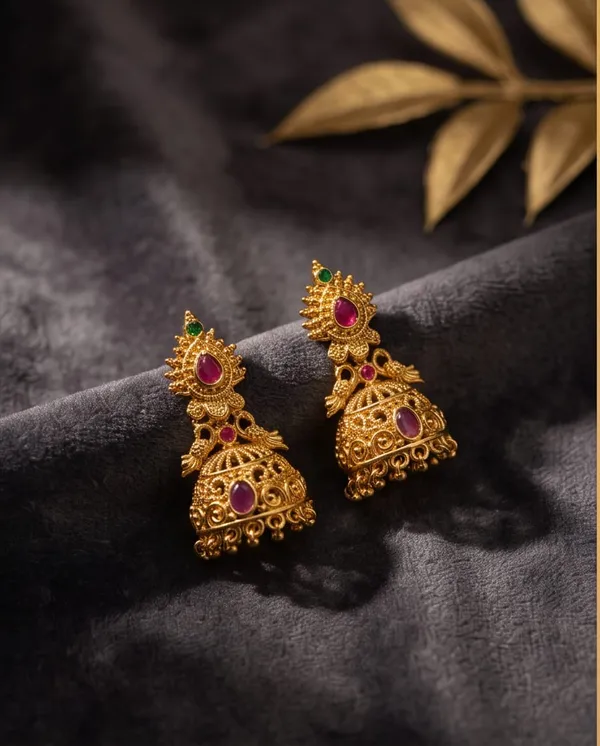 Gold_Alloy_Designer_Pink_Green_Stone_Jhumka_Earrings_For_Women