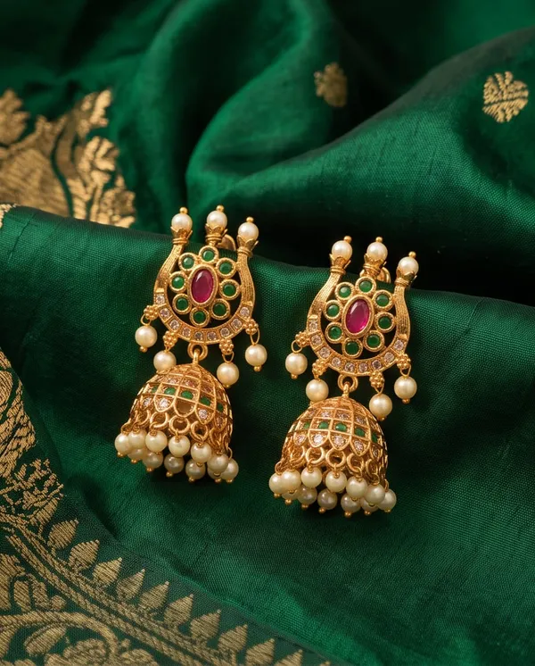 Gold_Alloy_Green_Pink_Pearl_Designer_Jhumka_Earrings_For_Women