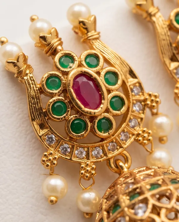 Gold_Alloy_Green_Pink_Pearl_Designer_Jhumka_Earrings_For_Women